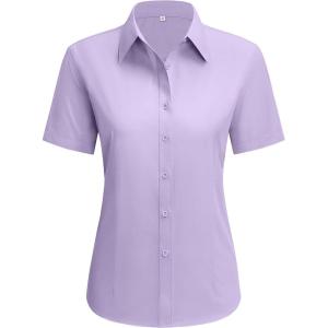 imagesiliteelon Dress Shirts for Women Short Sleeve Cotton Button Down Shirt Basic Button Up Shirt Collared Shirts Work ShirtPurple