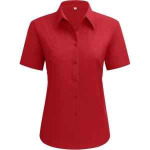 imagesiliteelon Dress Shirts for Women Short Sleeve Cotton Button Down Shirt Basic Button Up Shirt Collared Shirts Work ShirtRed
