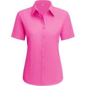 imagesiliteelon Dress Shirts for Women Short Sleeve Cotton Button Down Shirt Basic Button Up Shirt Collared Shirts Work ShirtRose Pink