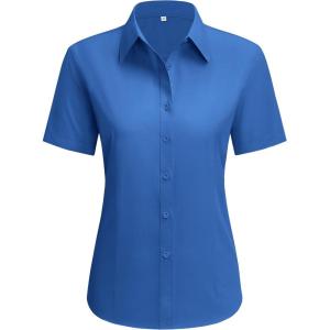 imagesiliteelon Dress Shirts for Women Short Sleeve Cotton Button Down Shirt Basic Button Up Shirt Collared Shirts Work ShirtRoyal Blue