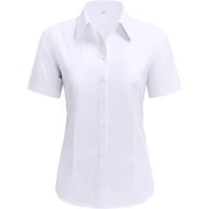 imagesiliteelon Dress Shirts for Women Short Sleeve Cotton Button Down Shirt Basic Button Up Shirt Collared Shirts Work ShirtWhite