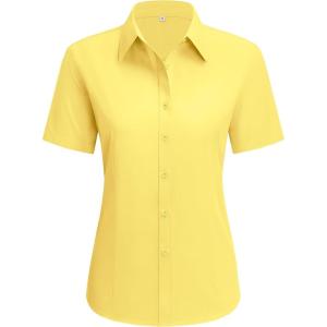 imagesiliteelon Dress Shirts for Women Short Sleeve Cotton Button Down Shirt Basic Button Up Shirt Collared Shirts Work ShirtYellow