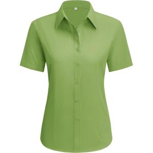 imagesiliteelon Dress Shirts for Women Short Sleeve Cotton Button Down Shirt Basic Button Up Shirt Collared Shirts Work ShirtYellow Green