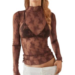 imagesiliteelon Lace Tops for Women Mesh Long Sleeve Top Floral See Through Lace Shirt Mock Neck Party Club Lace BlouseBrown
