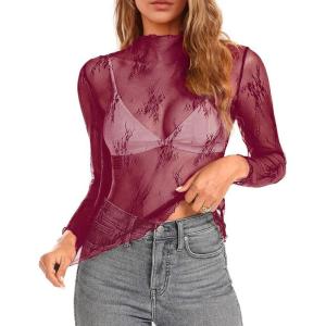 imagesiliteelon Lace Tops for Women Mesh Long Sleeve Top Floral See Through Lace Shirt Mock Neck Party Club Lace BlouseBurgundy
