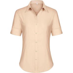 imagesiliteelon Short Sleeve Button Dress Shirts for Women Cotton Button Down Shirts for Women Slim Fit Blouse Top 34 SleeveApricot