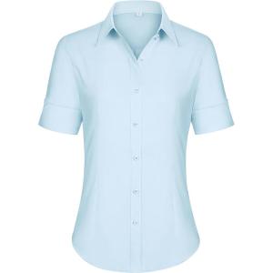 imagesiliteelon Short Sleeve Button Dress Shirts for Women Cotton Button Down Shirts for Women Slim Fit Blouse Top 34 SleeveBaby Blue