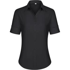 imagesiliteelon Short Sleeve Button Dress Shirts for Women Cotton Button Down Shirts for Women Slim Fit Blouse Top 34 SleeveBlack