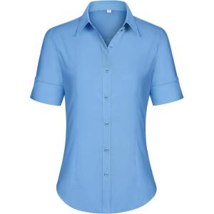 imagesiliteelon Short Sleeve Button Dress Shirts for Women Cotton Button Down Shirts for Women Slim Fit Blouse Top 34 SleeveBlue