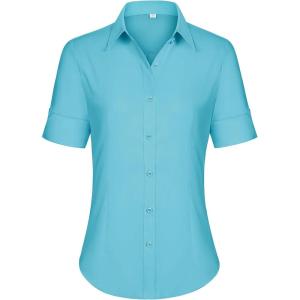 imagesiliteelon Short Sleeve Button Dress Shirts for Women Cotton Button Down Shirts for Women Slim Fit Blouse Top 34 SleeveBluegreen