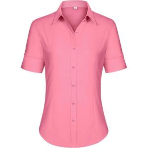 imagesiliteelon Short Sleeve Button Dress Shirts for Women Cotton Button Down Shirts for Women Slim Fit Blouse Top 34 SleeveBlush Pink