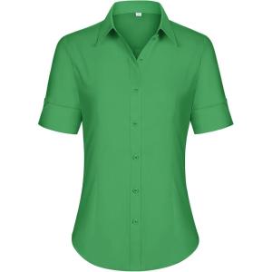 imagesiliteelon Short Sleeve Button Dress Shirts for Women Cotton Button Down Shirts for Women Slim Fit Blouse Top 34 SleeveBright Green