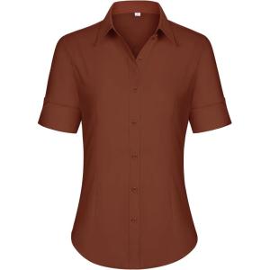 imagesiliteelon Short Sleeve Button Dress Shirts for Women Cotton Button Down Shirts for Women Slim Fit Blouse Top 34 SleeveBrown