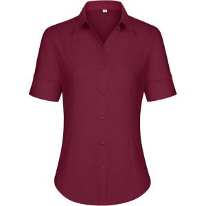 imagesiliteelon Short Sleeve Button Dress Shirts for Women Cotton Button Down Shirts for Women Slim Fit Blouse Top 34 SleeveBurgundy