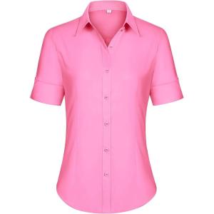 imagesiliteelon Short Sleeve Button Dress Shirts for Women Cotton Button Down Shirts for Women Slim Fit Blouse Top 34 SleeveCherry Pink