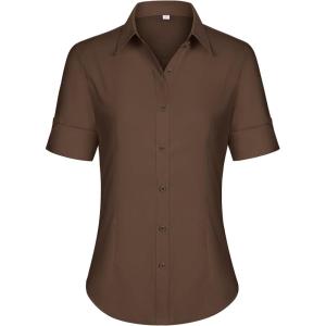 imagesiliteelon Short Sleeve Button Dress Shirts for Women Cotton Button Down Shirts for Women Slim Fit Blouse Top 34 SleeveDark Brown