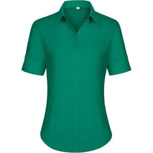 imagesiliteelon Short Sleeve Button Dress Shirts for Women Cotton Button Down Shirts for Women Slim Fit Blouse Top 34 SleeveDark Green