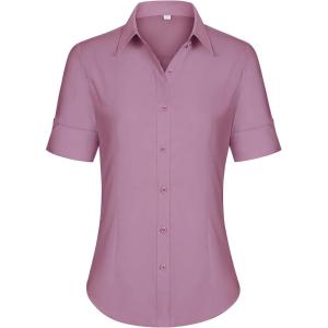 imagesiliteelon Short Sleeve Button Dress Shirts for Women Cotton Button Down Shirts for Women Slim Fit Blouse Top 34 SleeveDark Pink