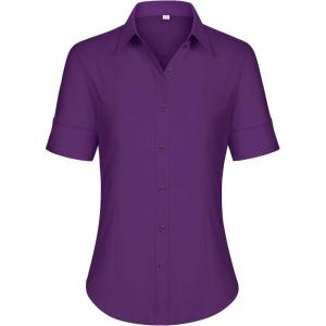 imagesiliteelon Short Sleeve Button Dress Shirts for Women Cotton Button Down Shirts for Women Slim Fit Blouse Top 34 SleeveDark Violet