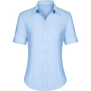 imagesiliteelon Short Sleeve Button Dress Shirts for Women Cotton Button Down Shirts for Women Slim Fit Blouse Top 34 SleeveLight Blue