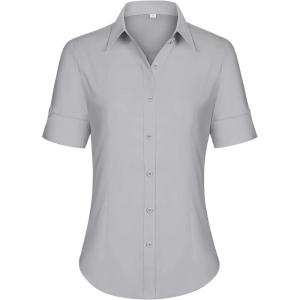imagesiliteelon Short Sleeve Button Dress Shirts for Women Cotton Button Down Shirts for Women Slim Fit Blouse Top 34 SleeveLight Gray