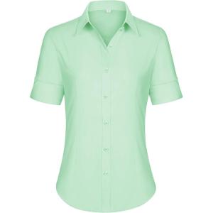 imagesiliteelon Short Sleeve Button Dress Shirts for Women Cotton Button Down Shirts for Women Slim Fit Blouse Top 34 SleeveLight Green