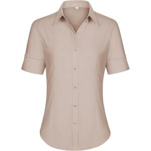 imagesiliteelon Short Sleeve Button Dress Shirts for Women Cotton Button Down Shirts for Women Slim Fit Blouse Top 34 SleeveLight Khaki