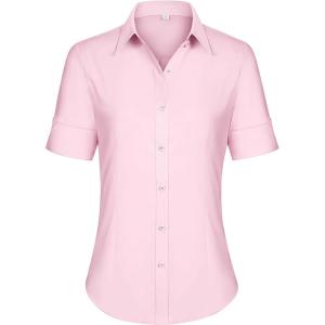 imagesiliteelon Short Sleeve Button Dress Shirts for Women Cotton Button Down Shirts for Women Slim Fit Blouse Top 34 SleeveLight Pink