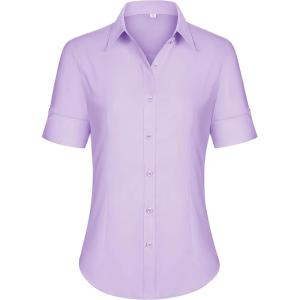 imagesiliteelon Short Sleeve Button Dress Shirts for Women Cotton Button Down Shirts for Women Slim Fit Blouse Top 34 SleeveLight Purple