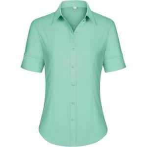 imagesiliteelon Short Sleeve Button Dress Shirts for Women Cotton Button Down Shirts for Women Slim Fit Blouse Top 34 SleeveMint Green