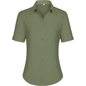 imagesiliteelon Short Sleeve Button Dress Shirts for Women Cotton Button Down Shirts for Women Slim Fit Blouse Top 34 SleeveMoss Green