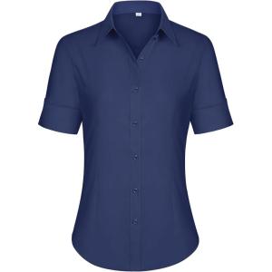 imagesiliteelon Short Sleeve Button Dress Shirts for Women Cotton Button Down Shirts for Women Slim Fit Blouse Top 34 SleeveNavy Blue
