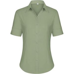 imagesiliteelon Short Sleeve Button Dress Shirts for Women Cotton Button Down Shirts for Women Slim Fit Blouse Top 34 SleeveOlive Green