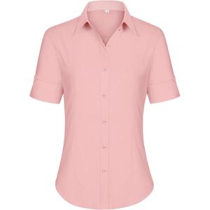 imagesiliteelon Short Sleeve Button Dress Shirts for Women Cotton Button Down Shirts for Women Slim Fit Blouse Top 34 SleeveOrangepink