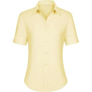 imagesiliteelon Short Sleeve Button Dress Shirts for Women Cotton Button Down Shirts for Women Slim Fit Blouse Top 34 SleevePale Yellow
