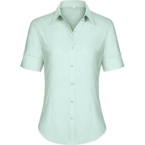 imagesiliteelon Short Sleeve Button Dress Shirts for Women Cotton Button Down Shirts for Women Slim Fit Blouse Top 34 SleevePastel Green