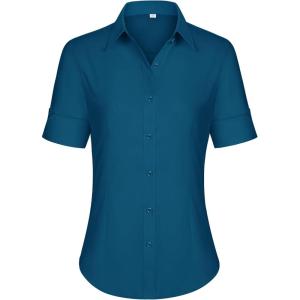 imagesiliteelon Short Sleeve Button Dress Shirts for Women Cotton Button Down Shirts for Women Slim Fit Blouse Top 34 SleevePeacock Blue