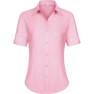 imagesiliteelon Short Sleeve Button Dress Shirts for Women Cotton Button Down Shirts for Women Slim Fit Blouse Top 34 SleevePink