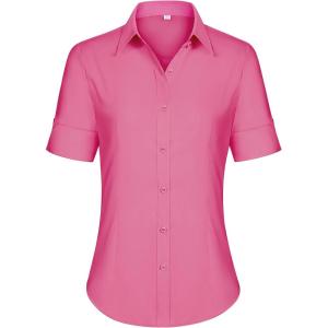 imagesiliteelon Short Sleeve Button Dress Shirts for Women Cotton Button Down Shirts for Women Slim Fit Blouse Top 34 SleevePowder Pink