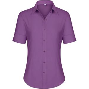 imagesiliteelon Short Sleeve Button Dress Shirts for Women Cotton Button Down Shirts for Women Slim Fit Blouse Top 34 SleevePurple