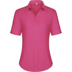 imagesiliteelon Short Sleeve Button Dress Shirts for Women Cotton Button Down Shirts for Women Slim Fit Blouse Top 34 SleeveRose Pink