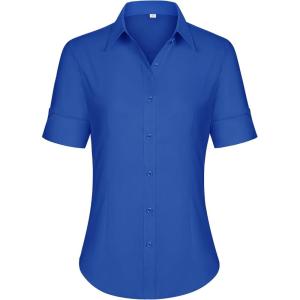 imagesiliteelon Short Sleeve Button Dress Shirts for Women Cotton Button Down Shirts for Women Slim Fit Blouse Top 34 SleeveRoyal Blue