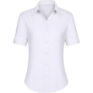 imagesiliteelon Short Sleeve Button Dress Shirts for Women Cotton Button Down Shirts for Women Slim Fit Blouse Top 34 SleeveWhite