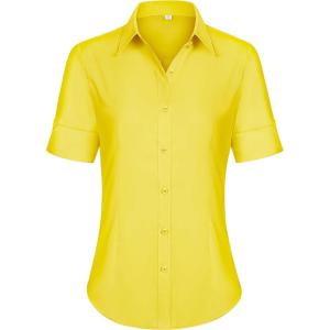 imagesiliteelon Short Sleeve Button Dress Shirts for Women Cotton Button Down Shirts for Women Slim Fit Blouse Top 34 SleeveYellow