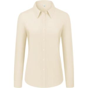 imagesiliteelon Womens Button Down Shirts Dress Shirts Long Sleeve Cotton Work Office Shirt Wrinkle Free Regular Fit Blouse TopBeige