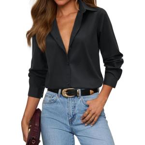 imagesiliteelon Womens Button Down Shirts Dress Shirts Long Sleeve Cotton Work Office Shirt Wrinkle Free Regular Fit Blouse TopBlack