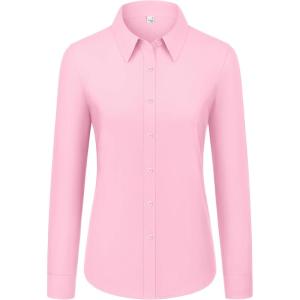 imagesiliteelon Womens Button Down Shirts Dress Shirts Long Sleeve Cotton Work Office Shirt Wrinkle Free Regular Fit Blouse TopPink