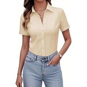 imagesiliteelon Womens Button Down Shirts Slim fit Short Sleeve Stretch Dress Shirts WrinkleFree Solid Work BlouseBeige