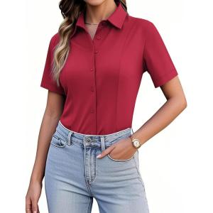 imagesiliteelon Womens Button Down Shirts Slim fit Short Sleeve Stretch Dress Shirts WrinkleFree Solid Work BlouseBurgundy