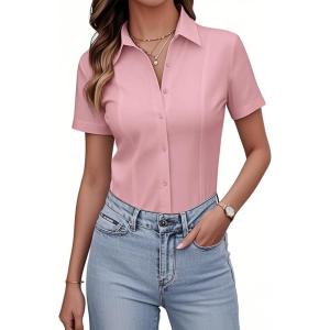 imagesiliteelon Womens Button Down Shirts Slim fit Short Sleeve Stretch Dress Shirts WrinkleFree Solid Work BlousePink